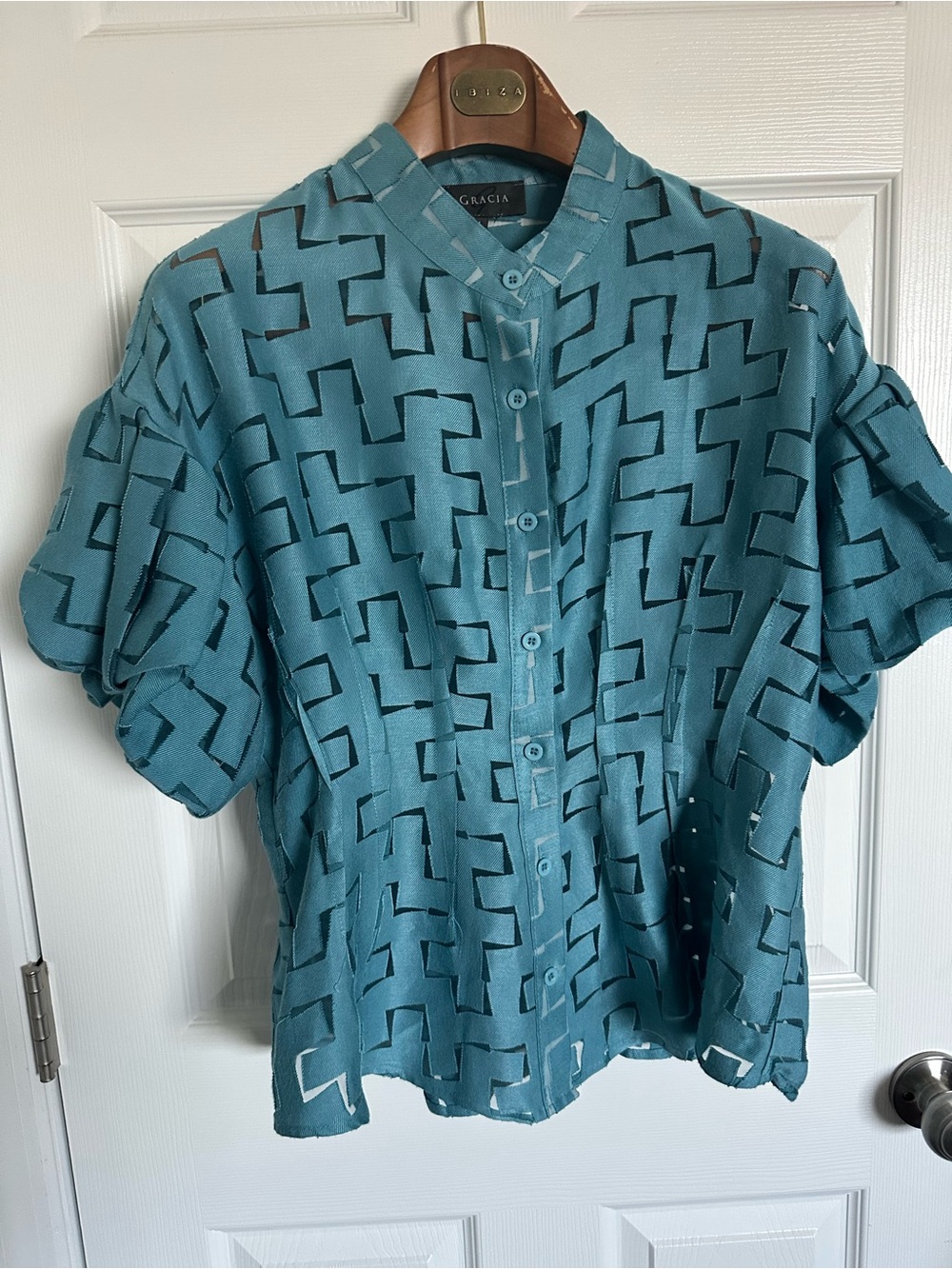 Gracia Teal blue Geometric Short-Sleeve Button-Up Shirt Large - Picture 7 of 10